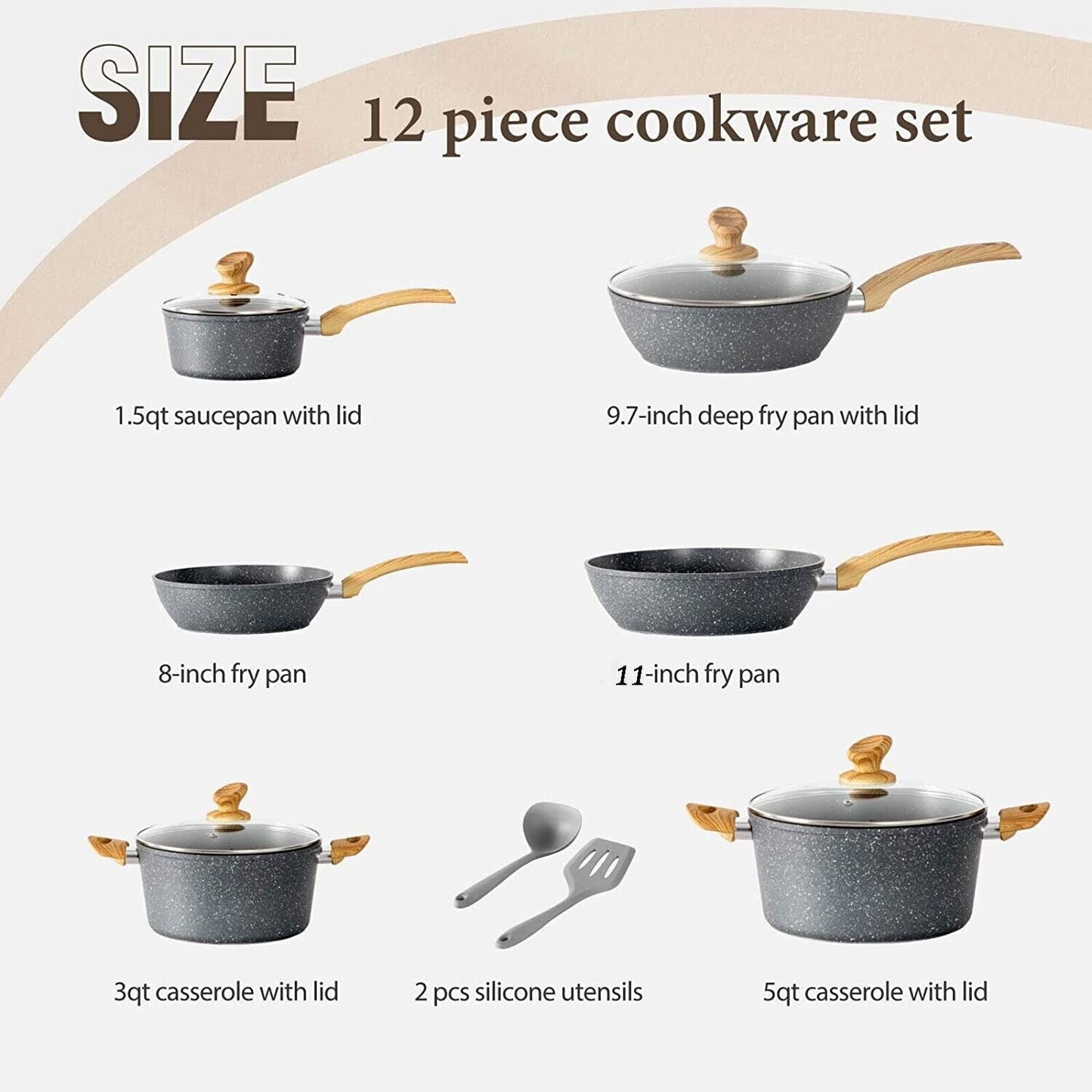 12-Piece Granite Coated Nonstick Cookware Set for Kitchens