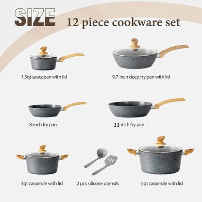 12-Piece Granite Coated Nonstick Cookware Set for Kitchens