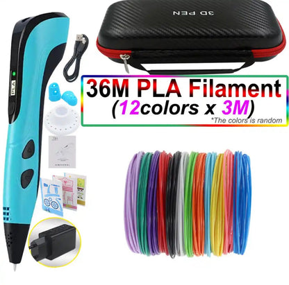 3D Pen for Kids with PLA Filament 12 Colors LED Display Case