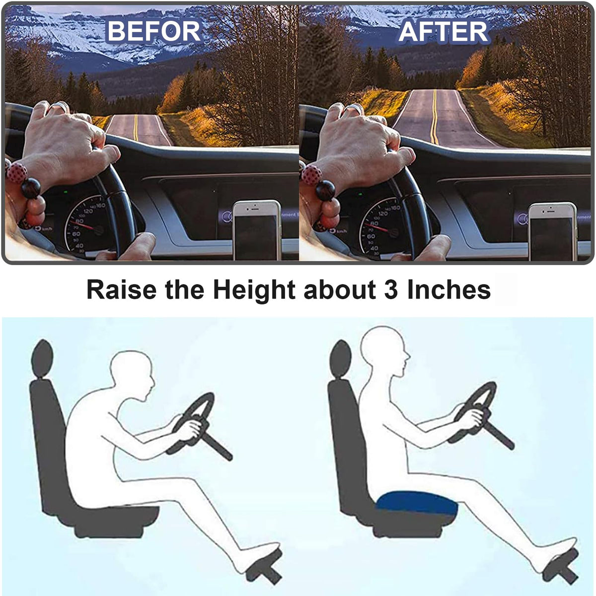 Car Seat Cushion Memory Foam Driver Height Boost for Visibility
