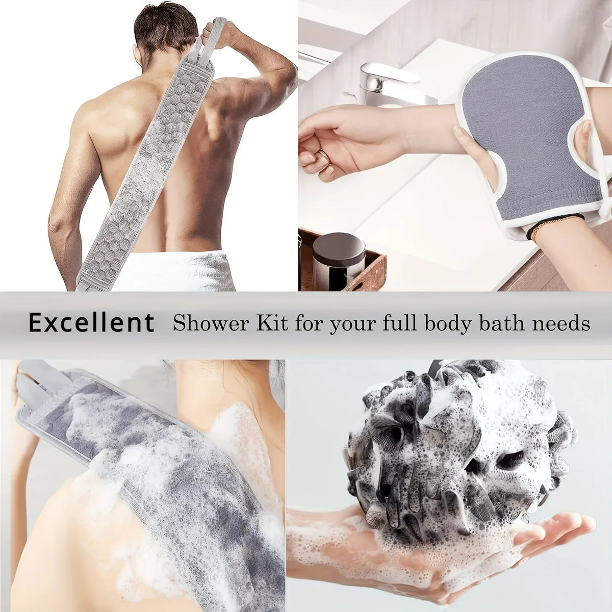 Back Scrubber for Shower Exfoliating Strap Set with Glove and Loofah