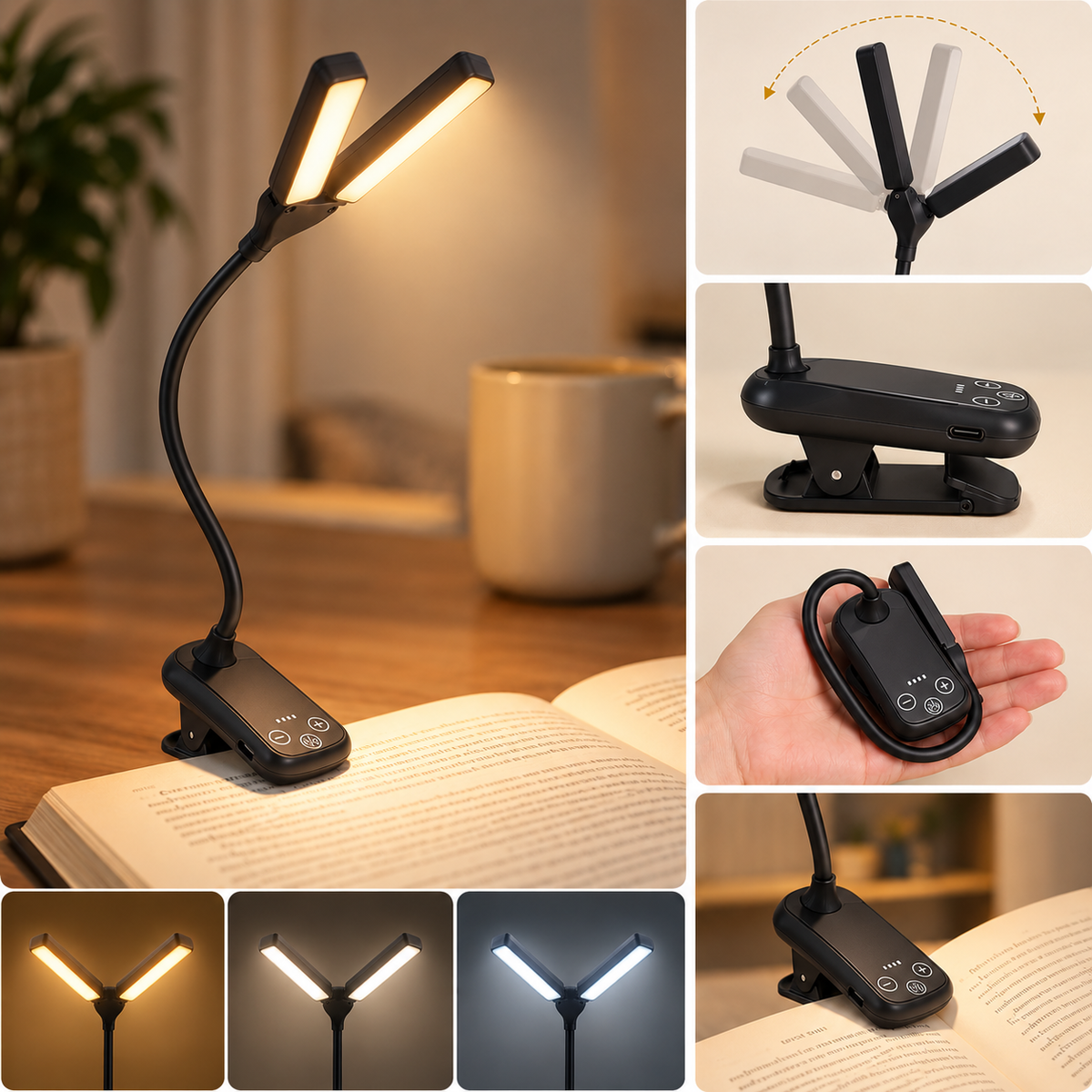 Book Light for Reading in Bed Rechargeable Clip On LED Reading Lamp