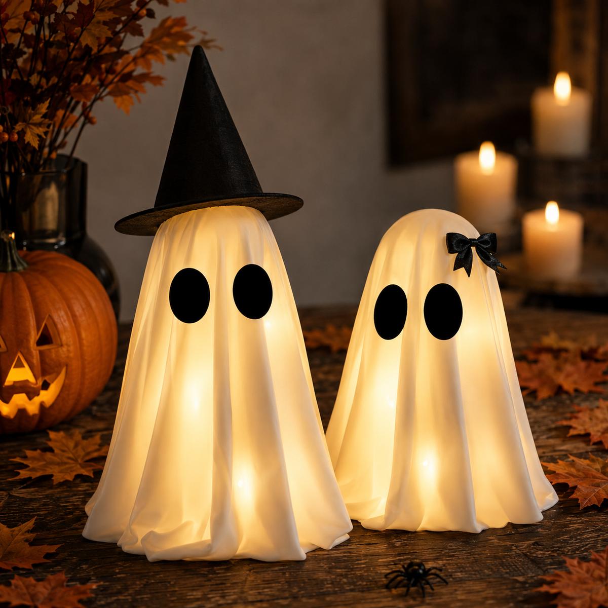 Halloween Decorations Indoor Light Up Ghosts Set of 2 with Witch Hat