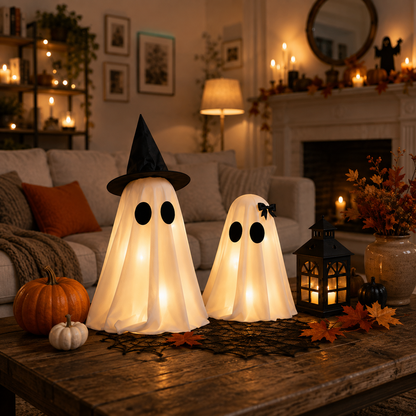 Halloween Decorations Indoor Light Up Ghosts Set of 2 with Witch Hat