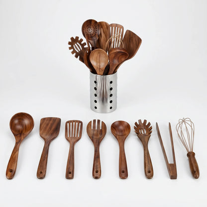 Kitchen Utensil Set Wooden Cooking Tools with Holder