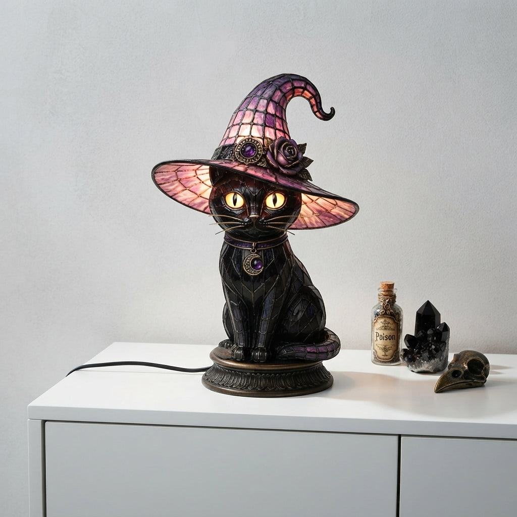 Black Cat Decor Halloween Lamp Stained Glass Style Witch Night Light