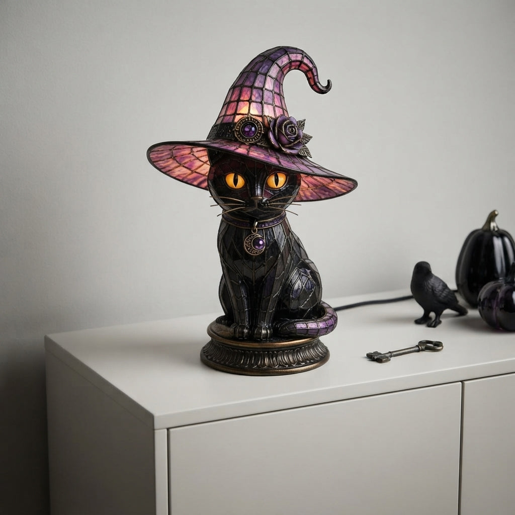 Black Cat Decor Halloween Lamp Stained Glass Style Witch Night Light