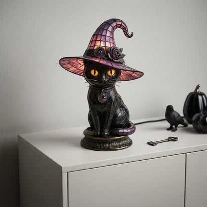Black Cat Decor Halloween Lamp Stained Glass Style Witch Night Light