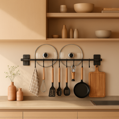 Kitchen Organizer Wall Mounted Utensil Rack with Hooks and Lid Holder