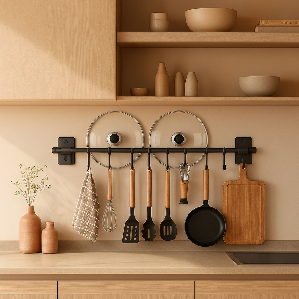 Kitchen Organizer Wall Mounted Utensil Rack with Hooks and Lid Holder