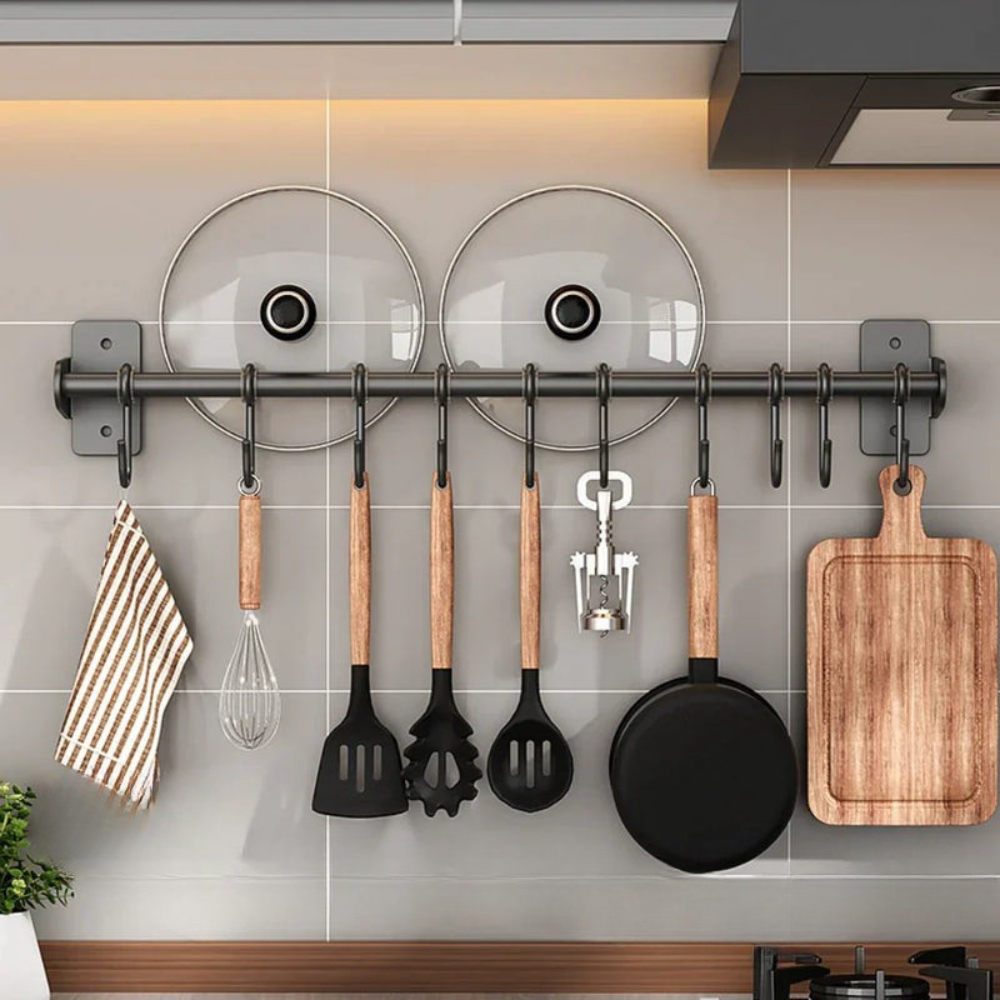 Kitchen Organizer Wall Mounted Utensil Rack with Hooks and Lid Holder