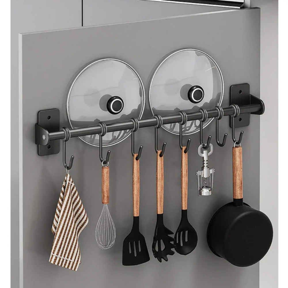 Kitchen Organizer Wall Mounted Utensil Rack with Hooks and Lid Holder
