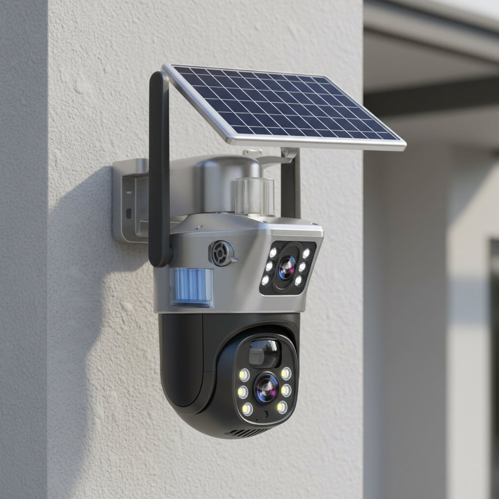 Security Camera Solar Powered 4K Dual Lens Outdoor WiFi Camera