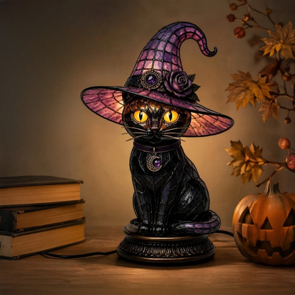 Black Cat Decor Halloween Lamp Stained Glass Style Witch Night Light