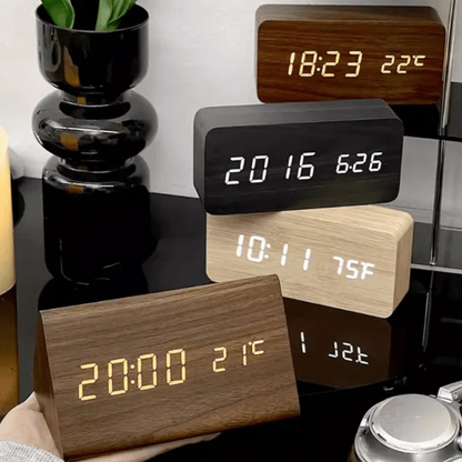 Alarm Clock Wooden LED Voice Activated Digital Desk Clock