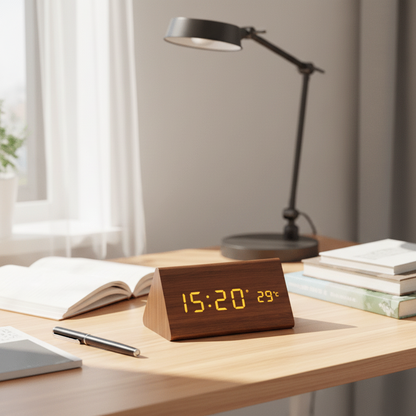 Alarm Clock Wooden LED Voice Activated Digital Desk Clock