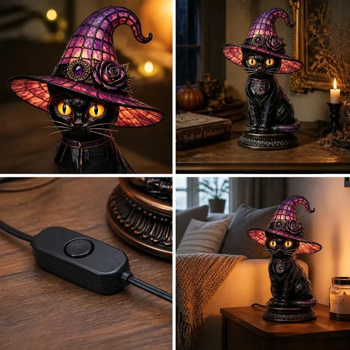 Black Cat Decor Halloween Lamp Stained Glass Style Witch Night Light