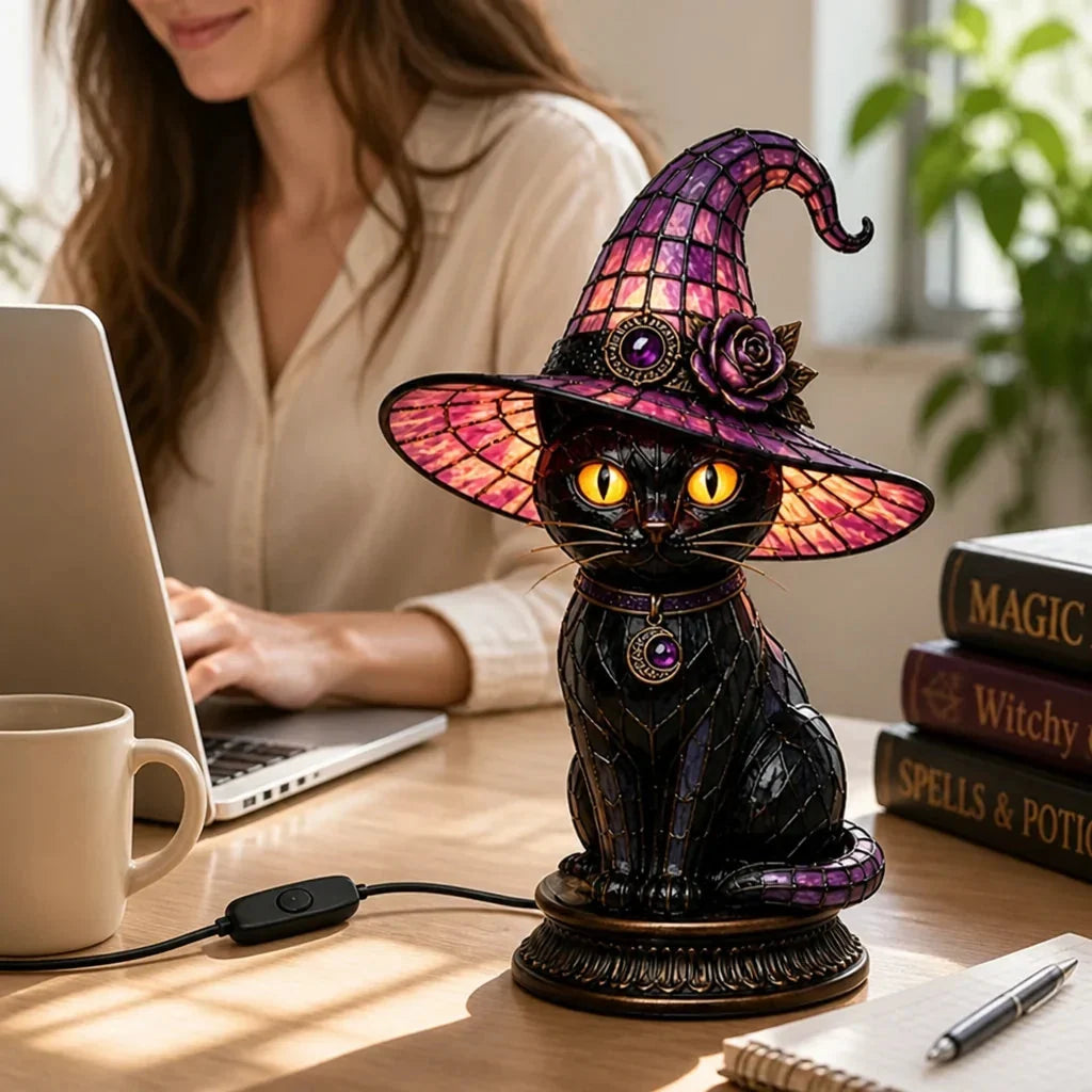 Black Cat Decor Halloween Lamp Stained Glass Style Witch Night Light