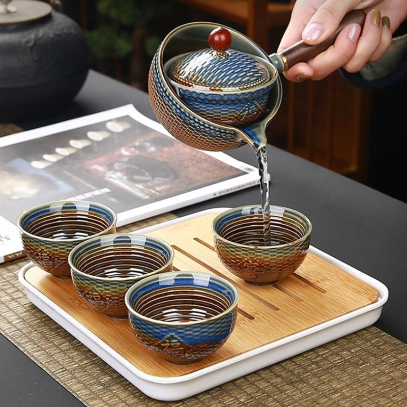 Ceramic Rotating Japanese Tea Pot Set with Infuser