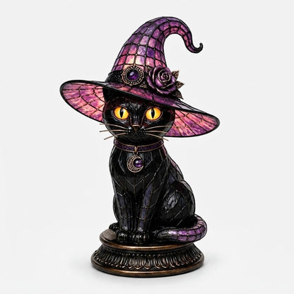 Black Cat Decor Halloween Lamp Stained Glass Style Witch Night Light